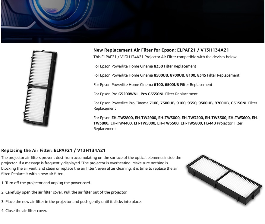 Replacement ELPAF21 Air Filter - Home Cinema Epson incelemesi ve fiyatı